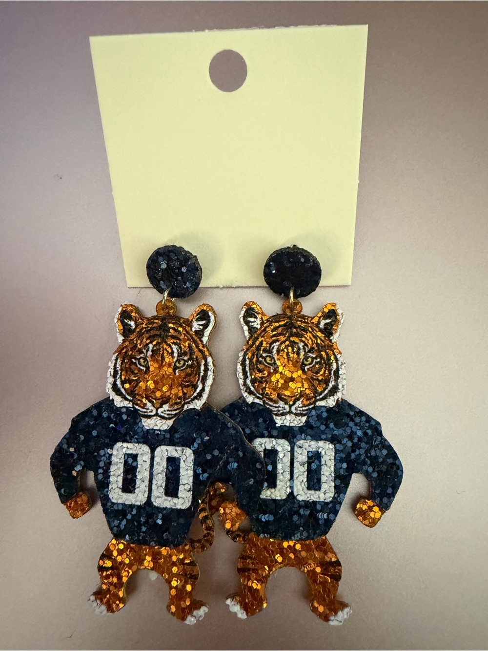 Glitter Tiger Mascot Earrings - Navy & Orange